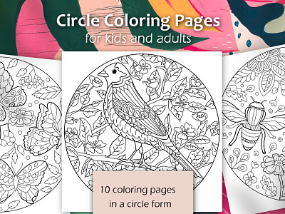 Circle shape Coloring Pages with plants and animals