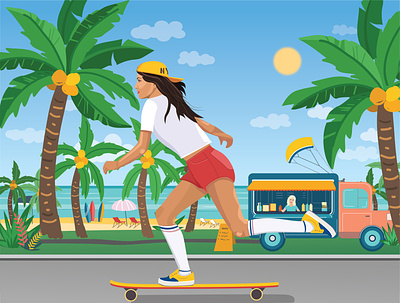 Woman #8 | Girl riding skateboard art artwork banner beautiful bright colorful design flat food girl illustration illustrator modern resort sea teenager trandy transport vector vector drawing