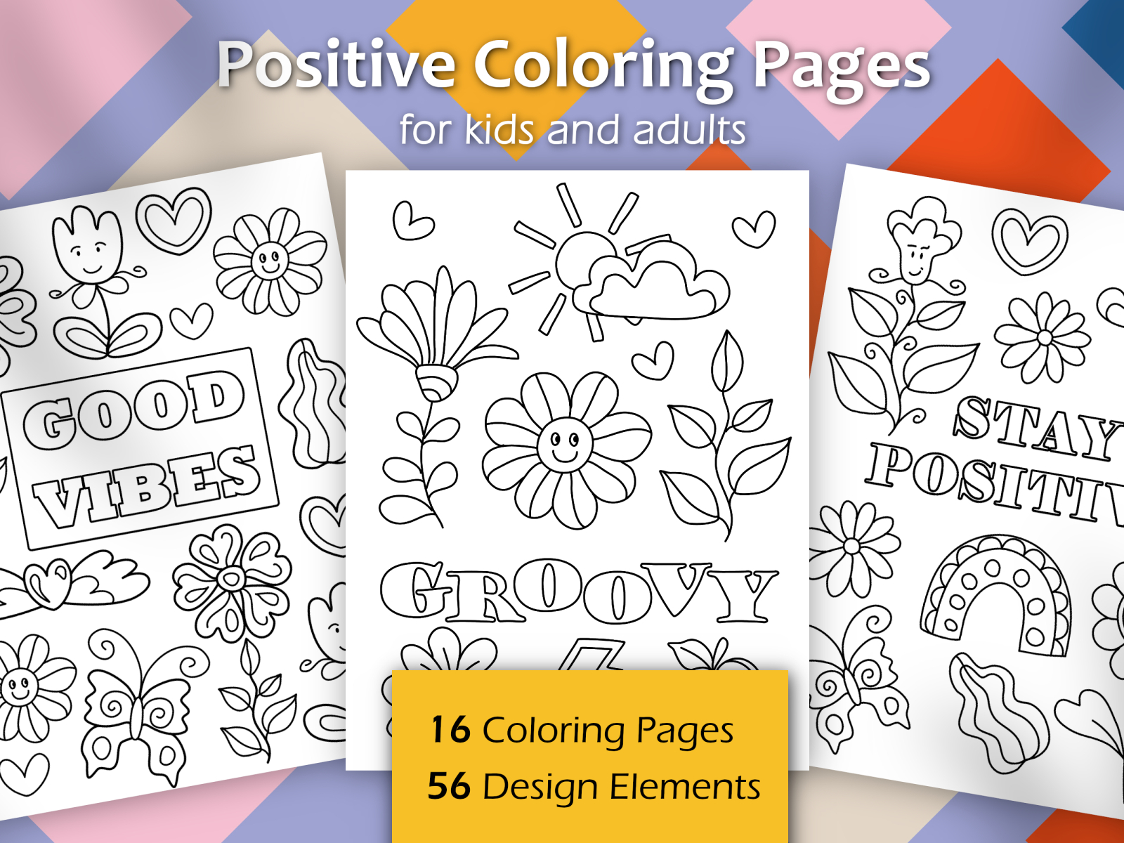 Big Collection of Positive Groovy Coloring Pages 60s 70s adult anti stress art coloring book coloring pages colouring page for children for kids girl good vibes groovy hippie illustration mandalas positive psychedelic style trendy