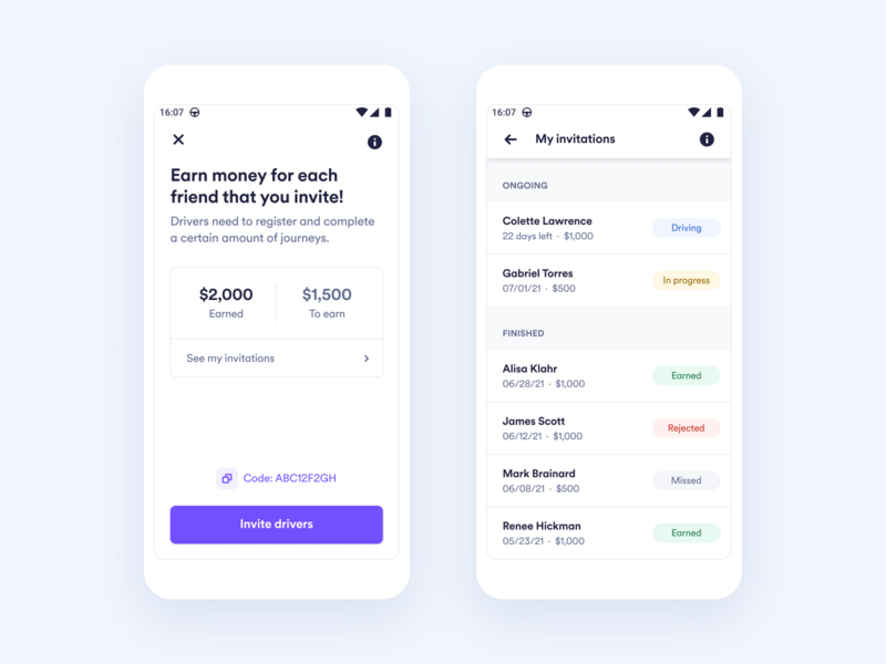 Driver referrals acquisition app app design cabify cabify app cabifydesign code design driver driver app earn invitations mobile app mobility money referrals status