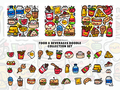 Food and Beverages Doodle Collection Set cake cartoon cooking cute decorative doodle drawing drawn eating egg food graphic gyoza hand idea ink meal pop set sketch
