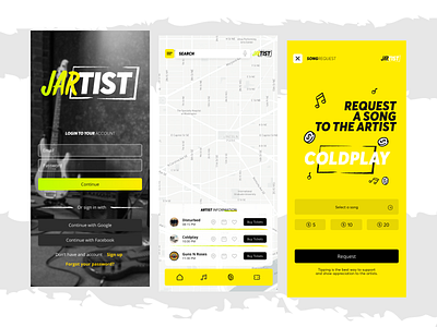 Jartist app branding design donation filters graphic design location login music tip ui ux