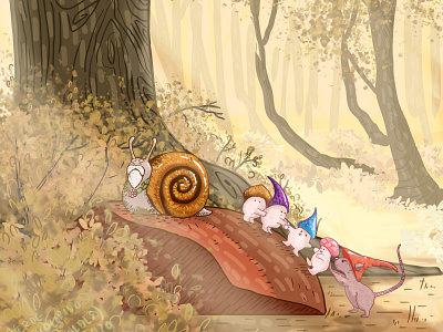 Muhsroom teamwork adobe photoshop autumn characterdesign children book illustration childrens book colorful forest light lighting mouse mushroom snail