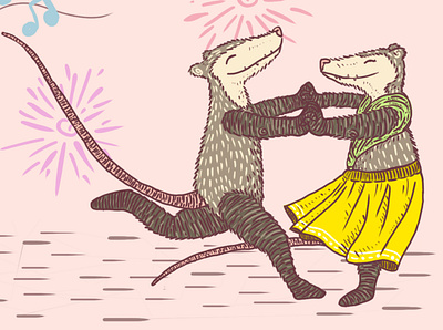 Dancing possums adobe photoshop characterdesign colorful cute dance dancers dancing festival festive fireworks happy illustration mexican party party pastel colors pink possum tlacuache yellow