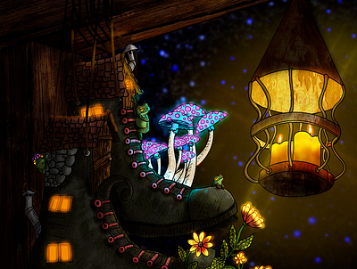 Starry night, mip! boot candle children book illustration colorful cute dark flare frog glow house illustration lantern light lighting lightning mushroom night sky star toad