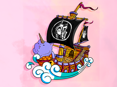 Going Michi adobe photoshop cat colorful cute fish illustration jolly roger pastel colors pink pirate sea ship water wave yellow