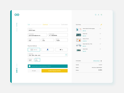 Checkout Page - arduino.cc 100daychallenge aqua aquablue arduino branding challenge checkout checkout form daily ui challenge design figma illustration logo microcontroller minimilistic simple ui ux vector white space