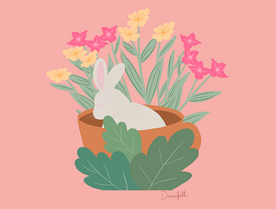 Sleepy bunny in a cup childrens illustration cute animal floral flowers illustration procreate