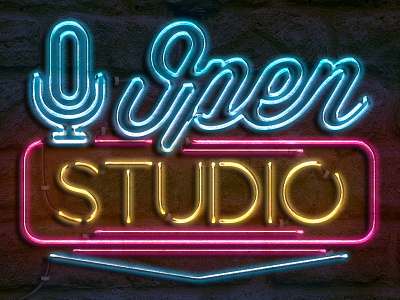 Open Studio bricks bright dark lights neon open signs studio