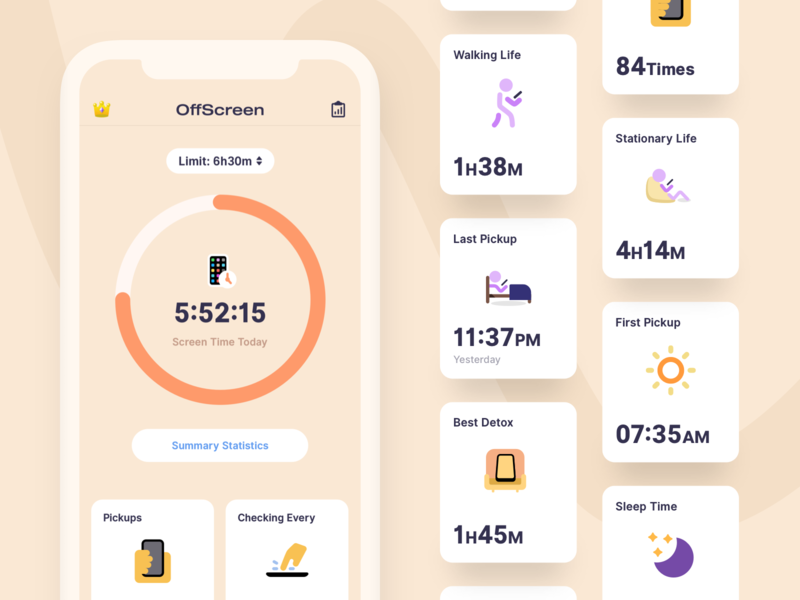 OffScreen Interfaces card design digital detox digital wellbeing focus ios app design offscreen screen time screentime