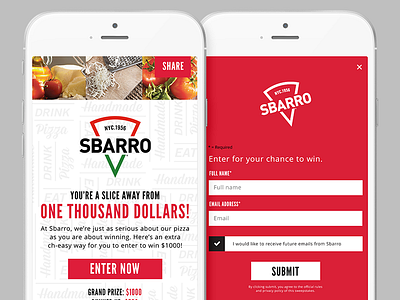 Sweeps Mobile Site entry form landing page pizza sweepstakes