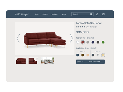 Daily UI #033 - Customize Product 100daychallenge add to cart brass custom customize product dailyui dailyuichallenge day33 design dribbble figma furniture red sofa typography ui uidesign ux vector