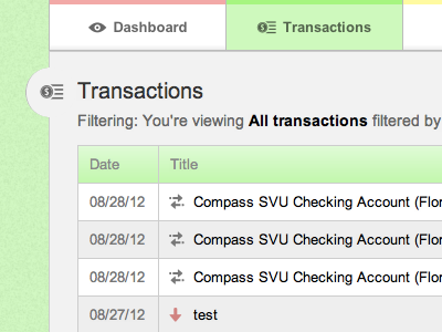 Transaction page (menu styling changed) colors navigation table transactions