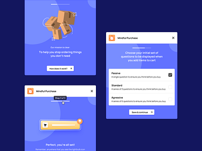 Mindful Purchase - modals 🛒 e commerce e commerce plugin modal box modal design onboarding onboarding process plugin saas app saas components saas modals saas wizard semiflat semiflat studio welcome screen wizard