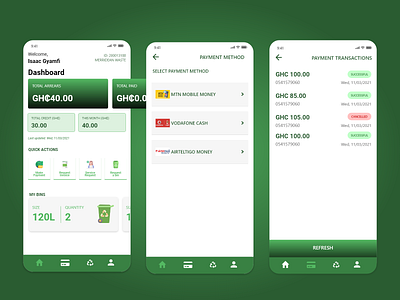 Waste bin distribution and payments mobile app UI design bin distribution recycling app waste app waste payments app zoomlion