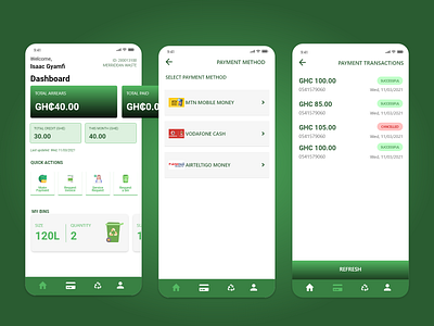 Waste bin distribution and payments mobile app UI design