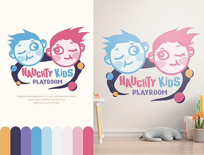 "Naughty Kids" Logo blue blue and white branding bright cartoon cartoon character character design child childrens illustration cozy cute design flat graphic illustration pink play purple room vector