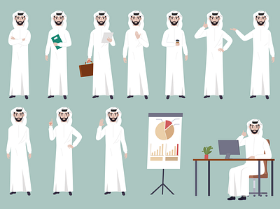 Arab Saudi man character set Premium illustration art branding character design digital art illustration illustrations illustrator logo saudi saudi character ui vector