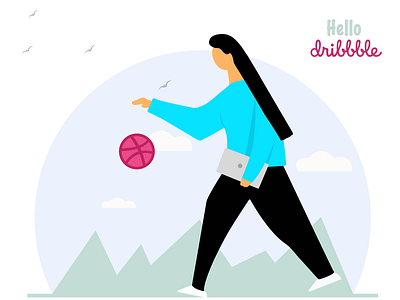 Hello dribbble ball ball bounce design first shot flat girl hello hello dribbble illustration minimal procreate sketch svg vector walk