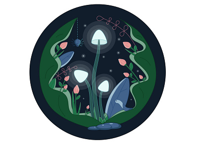 Luminous Mushrooms flower illustration leaves light mushroom round spider vector