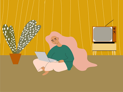 quarantine adobe illustrator character flat girl home illustration laptope quarantine stay stayhome tv
