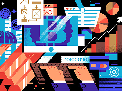 Bitcoin infographics site computer diagram currency internet money bitcoin illustration magazine gold bars hands
