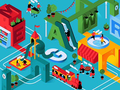 Mega illustration cafe characters city isometric isometry labyrinth letters place playground town train world