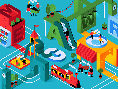 Mega illustration isometric isometry world labyrinth letters train cafe city town place characters playground
