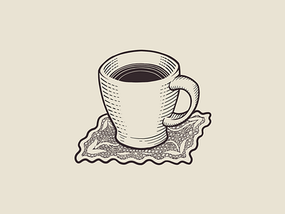 A cup of coffee black and white classic coffee cup digital illustration graphic design lineart linework mug sketch tablecloth vintage