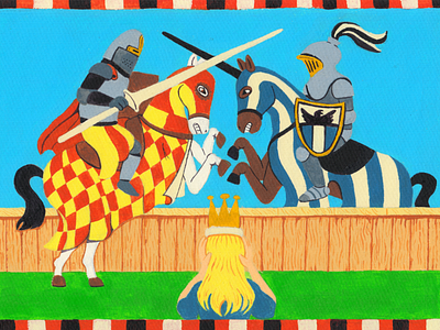 Duel of medieval knights acrylic colour handmade illustration medieval