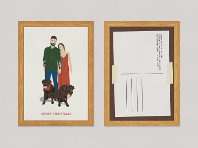Merry Christmas from two humans and two fur-balls chocolate christmas card frame illustration labrador portrait postcard woodgrain xmas