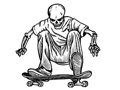 Hang Time black and white illustration line art pen and ink skateboard skeleton skull