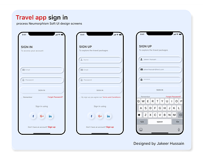 Travel app sign in  process Neumorphism Soft UI design screens