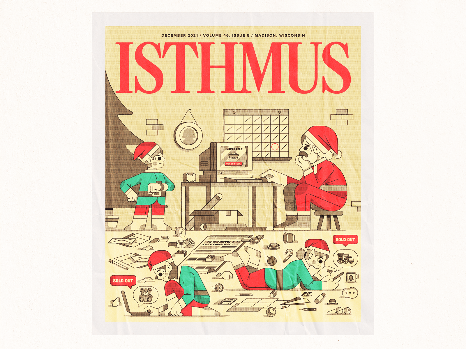 December 2021 - Isthmus Cover christmas holiday illustration supply chain the isthmus