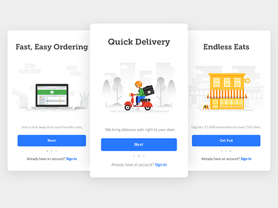 Onboarding Screens WIP building design food get fed illustration moped online order ui ux wip