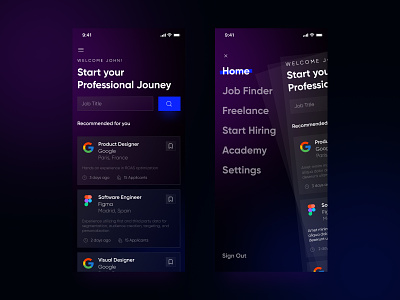 Jobify adobexd app aurora blur dark ui design glassmorphism gradient hiring looking for a job minimal mobile mobile app design mobile ui ui ux web
