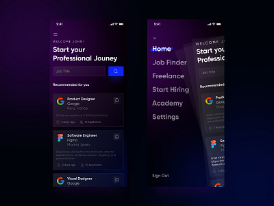 Jobify adobexd app aurora blur dark ui design glassmorphism gradient hiring looking for a job minimal mobile mobile app design mobile ui ui ux web