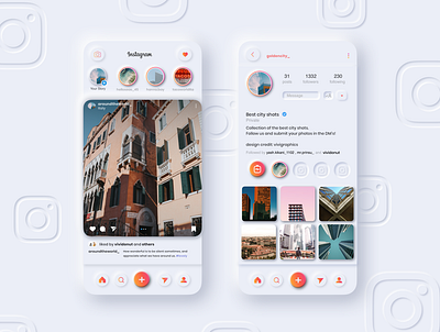 Neumorphic instagram app redesign artist clean dashboard graphic design icons instagram layout neumorphic neumorphism skeumorphism soft ui ui ux web design