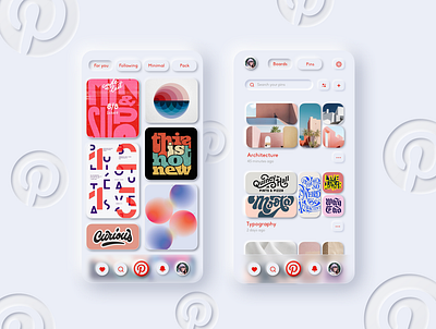 Neumorphic Pinterest app redesign | Viviana app app design architecture artist blue dashboard glass graphic design icons layout neumorphism pink pinterest redesign softui typography ui ux web design website