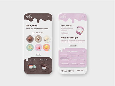 Coraline's unique creamery app design | Viviana animation app artist dashboard dribbble drip graphicdesign ice cream icons illustration layout neumorphism pastel pink pint tap ui ux web design website