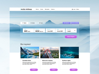 Arctic Airlines flight booker airline desktop flight booking travel ui ui design