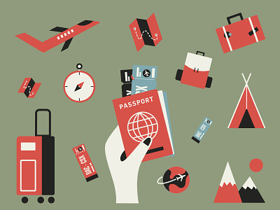 Travel Illustrations airplane bag camping compass design illustration luggage map passport ticket travel traveling vector