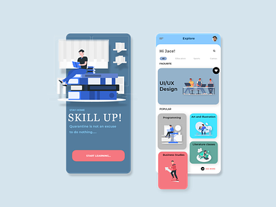 Online learning app ui. blue concept design explore grey minimal pallete skills typography ui ui ux ux vector vector art
