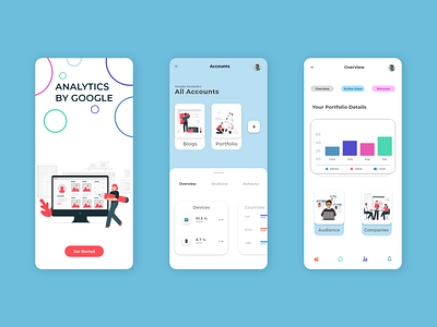 Analytics By Google App ui . accounts analytic app artboard blue colours concept design flat google grey illustration minimal mobile app mobile ui portfolio ui ui design ui ux ux