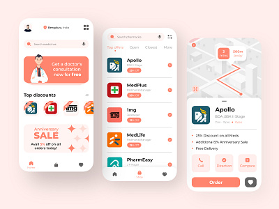 Pharmacy search app UI app doctor app health app medical app medicine mobile app mobile app design mobile ui pharma pharmaceutical pharmacist pharmacy pharmacy app pink