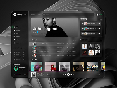 Spotify Redesign albums clean dark dark theme design elegant glassmorphism music app music application music platform music streaming nigh mode playlist podcast radio songs spotify track ui design uiux