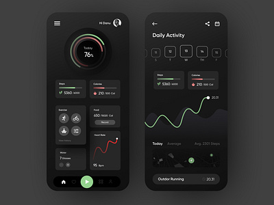 Health Assistent App app design application dark mode health app health assistant health assitant healthy application mobile app mobile design night mode running app running tracker steps steps tracker tracker app tracking ui app ui ux ux app visual design