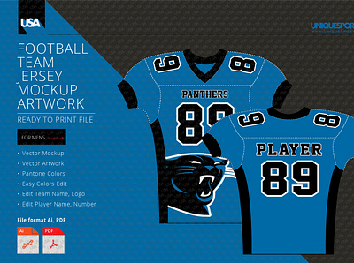 PANTHERS FOOTBALL COMPRESSION JERSEY DESIGN MOCKUP art background casual editable fashion football graphic illustration jersey layered men mockup player seamless soccer sport template uniform vector wear