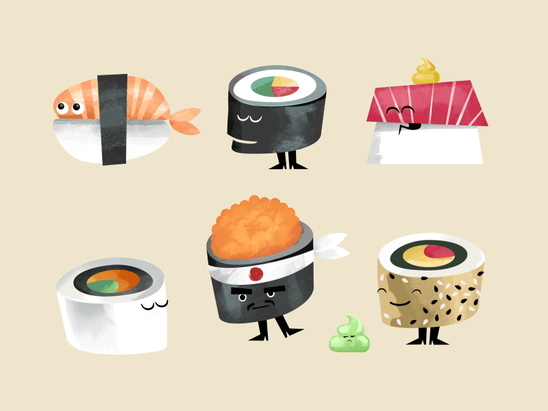 Sushi 2d animation cartoon cute food illustration japan kawaii restaurant shrimp sushi