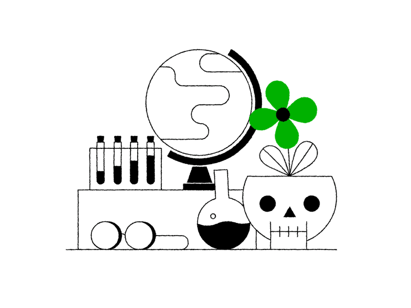 Hemnet 2d animation flower gif glasses globe illustration lab loop skull